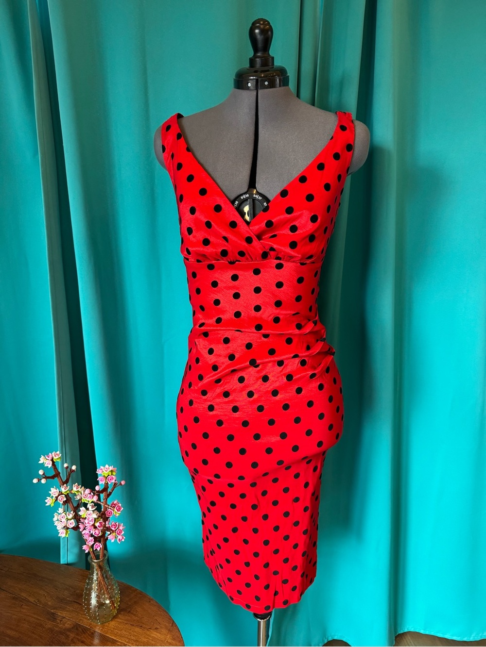 Voodoo Vixen Red Satin Black Velvet Polka Dot Wiggle Dress L
